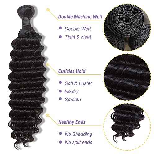 Deep Wave Bundles With Closure (18 20 22+16) Wet and Wavy Human Hair 10A Brazilian Virgin Curly Hair Weave 3 Bundles With 4x4 HD Lace Closure Free Part Natural Color