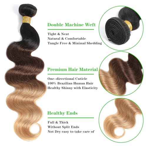 10A Ombre Human Hair Bundles With Closure 100% Brazilian Virgin Human Hair Body Wave Ombre Hair 3 Tone Black to Blonde Brazilian Remy Hair Bundles (T1B/4/27,16 18 20+14)