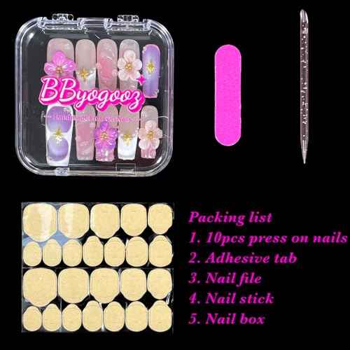 Handmade Press On Nails Medium/Long Square Pink 3D Sakura Design - Reusable French Acrylic Fake Nails with Gold Stars & Pearls, Luxury Cherry Blossom False Nails (Sakura, M)