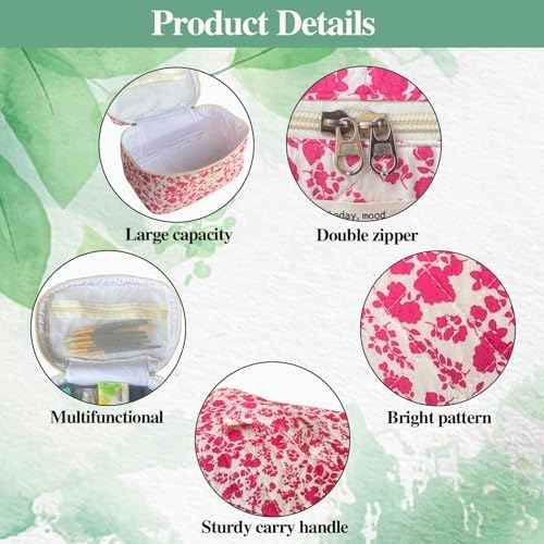 Rose Red Large Quilted Floral Makeup Bag Cute Soft Coquette Aesthetic Cosmetic Bag Cotton Travel Toiletry Bag for Women