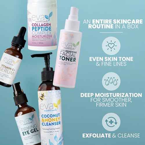 Eva Naturals Rejuvenating Skincare Set ? 5-in-1 Routine with Cleanser, Toner, Vitamin C Plus Serum, Eye Gel and Collagen Peptide Moisturizer for Face, Anti-Wrinkle, Dark Spots, Acne and Skin Replenish