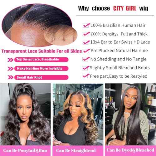 CITY GIRL 30 Inch Body Wave Lace Front Wigs Human Hair Pre Plucked 13x4 hd Transparent Lace Frontal Body Wave Human Hair Wig for Women 200 Density Natural Black