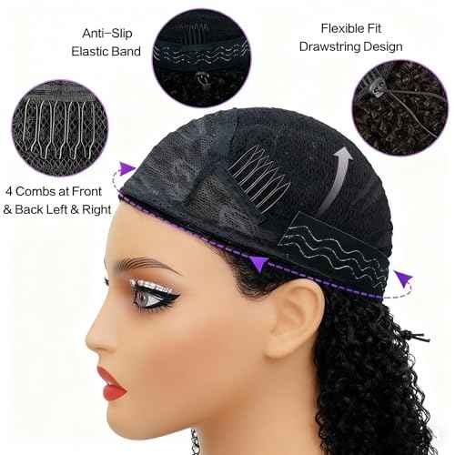 Deep Wave Half Wig Human Hair 200% Density Wear Go Glueless Wigs Human Hair Curly 3 In 1 Half Wigs 22 Inch for Women Drawstring Seamless Flip Headband Wig Beginner Friendly
