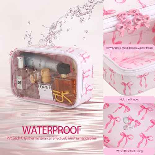 DYSHAYEN Clear Makeup Bag for Women Girls Small Travel Pink Bow Cosmetic Bag Cute Makeup Pouch for Purse Birthday Gifts for Girlfriend Mom Bridesmaid (Pink Bow B)