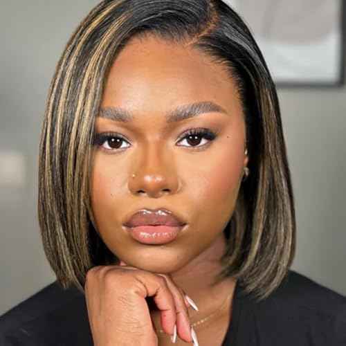 Bob Wig Human Hair Highlight Ombre 13x4 HD Transparent Lace Front Wigs 1b/27 Black and Blonde Wig Human Hair Pre Plucked with Baby Hair 180 Density Short Bob Wigs 10 Inch