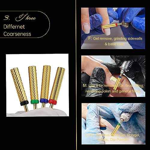 Nail Drill Bit, CORFULRA Super Long Barrel Nail Bit Carbide Tungsten Drill Bit for Nails, Upgrade Professional Advanced bit for Removing Acrylic Nails. Nail Tech Mush Haves (Gold, F)