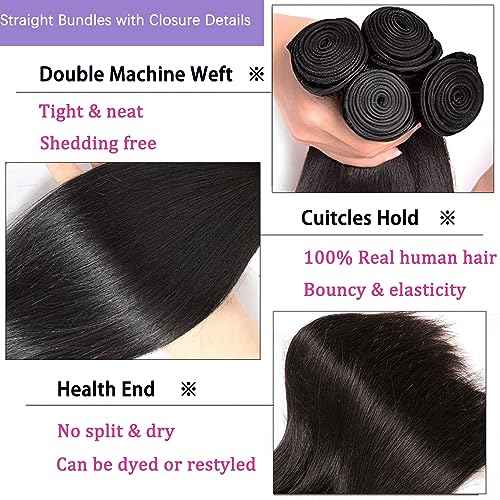 Straight Bundles with Closure (18 20 22+16 Inch) 100% Unprocessed Brazilian Remy Hair Weave 3 Bundles with 4x4 HD Lace Closure Free Part Natural Black Color Hair Extensions for Women