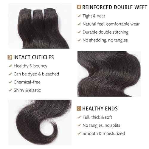 Wequeen 16A Body Wave Human Hair Bundles 14 16 18 Inch 100% Unprocessed Brazilian Virgin Hair Quick Weave Bundles Human Hair Extensions Real Human Hair, Natural Black
