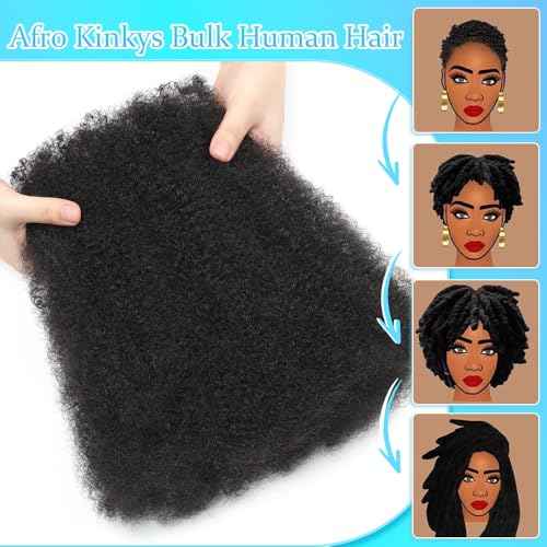 Afro Kinkys Bulk Human Hair 22 Inch Afro Kinky-Curly Human Hair Bulk for Twist Dreadlock Extensions Locs Repair Soft 4C Curly for Braids 4 Bundles 80 Gram Natural Color#