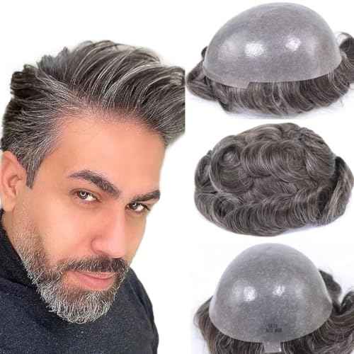 HAPPY&CC Grey Thin Skin Toupee for Men Hair Replacement Systems 8x10 Inch PU Poly Mens Toupee Human Hair Piece 430# Medium Brown with 30% Synthetic Gray