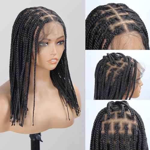 Box Braided Wig 14 "360¡Æ HD Full Single-layer Lace Braid Wigs for Black Women Square Knotless Box Braid Wig with Baby Hair Handmade Synthetic Hair Blended Lace Front Natural Black