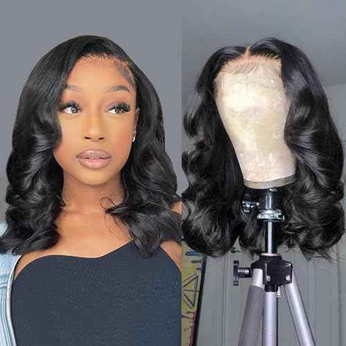 Douyin Bob Wig Human Hair 13x4 Lace Front Wigs Human Hair Pre Plucked Body Wave 180% Density 14 Inch HD Lace Frontal Short Glueless Wigs for Women (14 inch, Natural Black)