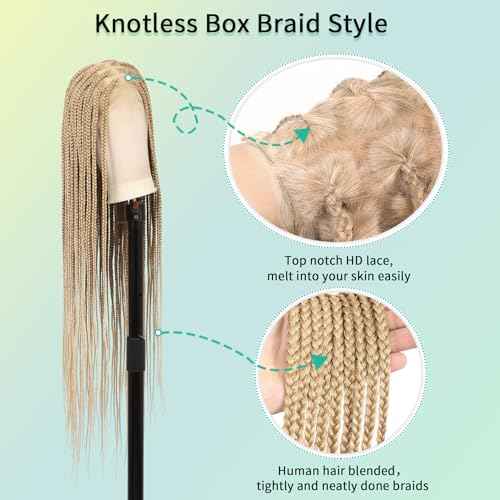 360¡ÆHD Full Lace Square Knotless Braided Wigs For Women 36 Inch Box Braid Wig With Baby Hair Premium Synthetic Braided Lace Front Wig Honey Blonde With Light Blonde Ends Hand Braid Wigs
