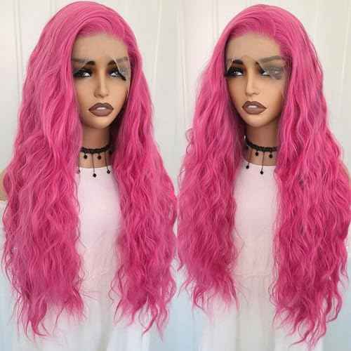 RONGDUOYI Hot Pink Wig Long Wavy Hair Wig Pink Curly Synthetic Lace Front Wig Water Wave Glueless Red Deep Wave Lace Front Wigs for Women Party Cosplay