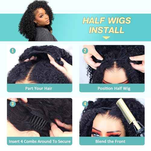 18 Inch Half Wig Burmese Curly Human Hair Wig for Women 250 Density 3 In 1 Seamless Flip Over Half Wigs Beginner Friendly Glueless Wigs Human Hair with Spiral End Natural Color