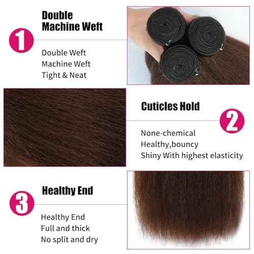 16 18 20 Inch Chocolate Brown Kinky Straight Bundles Human Hair 12A Grade 100% Unprocessed Brazilian Virgin Human Hair Weave Yaki Straight Bundles Brown