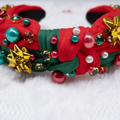 pVq Christmas Headband for Women Knotted Headband with Christmas Tree Crystal Pearl Snowflake Ribbon Xmas Holiday Hairband (Pearl Flower - Red Green, One Size)