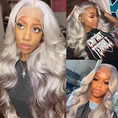 Grey Lace Front Wigs Human Hair Pre Plucked with Natural Hairline 13x6 Glueless Wigs Human Hair 180 Density Highlight Body Wave Lace Frontal Wig 26 Inch