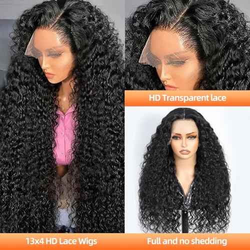 32 Inch Deep Wave Lace Front Wigs Human Hair 200 Density 13x4 HD Transparent Lace Frontal Wigs Human Hair Pre Plucked Deep Curly Glueless Wigs for Black Women Natural Color
