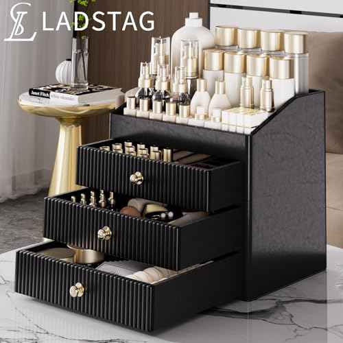 Cosmetic Organizer,Luxury Make up Organizer with 3 shelf Drawers,Black Large Capacity Makeup Organizers for Skincare,Brushes, Dresser,Bedroom,Bathroom,Gifts for Her,Birthday Gifts for Mom