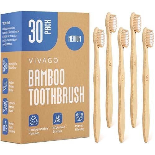Bamboo Toothbrushes Medium Bristles 30 Pack - BPA Free Medium Bristles Toothbrushes for Adults - Eco-Friendly, Natural Wooden Toothbrush