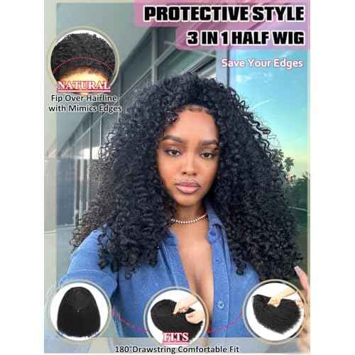 Burmese Curly Half Wig Human Hair 22 Inch True Length 3 In 1 Curly Half Wigs for Black Women Pre Blended 4C Edges Water Wave Wear Go Glueless Wigs Headband Wig Human Hair with Drawstring