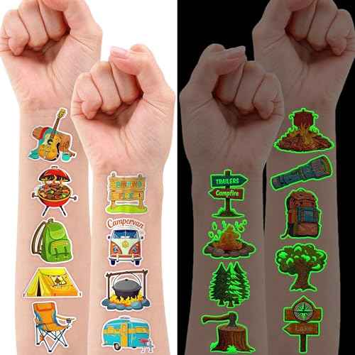 96PCS Camping Camp Camper Campfire Pre-Cut Luminous Glow in the dark Temporary Tattoos for Kids | Super Cute Themed Birthday Party Favors Supplies Decorations, Fake Tattoos Gifts for Boys Girls