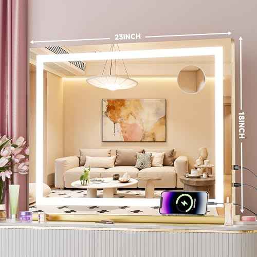 Vanity Mirror with Lights, 23" x 18" LED Makeup Mirror with 10X Magnification, Dimmable 3 Modes, Memory Function, Smart Touch, USB Charging Port, Lighted Makeup Mirror Square Glod