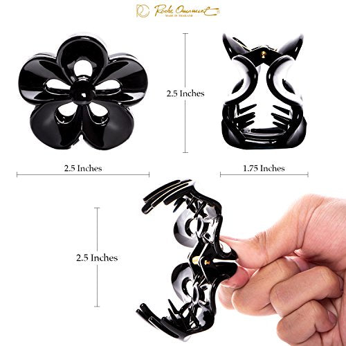 RC ROCHE ORNAMENT 6 Pcs Womens Hair Claw Jaw Clip Flower Floral Cute Pretty Girls Ladies Interlocking Teeth Strong Secure Hold No Slip Grip Clutch Clamp Beauty, Medium Black