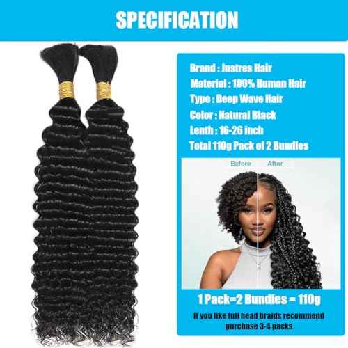 Human Braiding Hair Boho Braids Human Hair 110g 26 Inch Deep Water Wave Bulk Human Hair for Braiding No Weft Bundle 12A Brazilian Virgin Curly Hair Extensions Wet and Wavy Human Braiding Hair