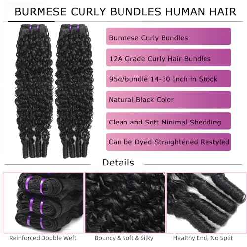 Burmese Curly Human Hair Bundles 20 22 24 Inch 100% Unprocessed Virgin Remy Hair 3 Bundles 12A Raw Burmese Curly Hair Extensions Natural Color for Women