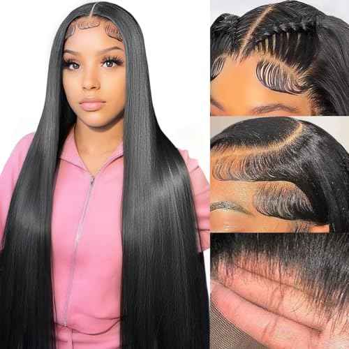 13x6 Straight Lace Front Wigs Human Hair Pre Plucked 200 Density HD Transparent Lace Frontal Wigs for Women Glueless Wigs Human Hair Natural Color 26 Inch