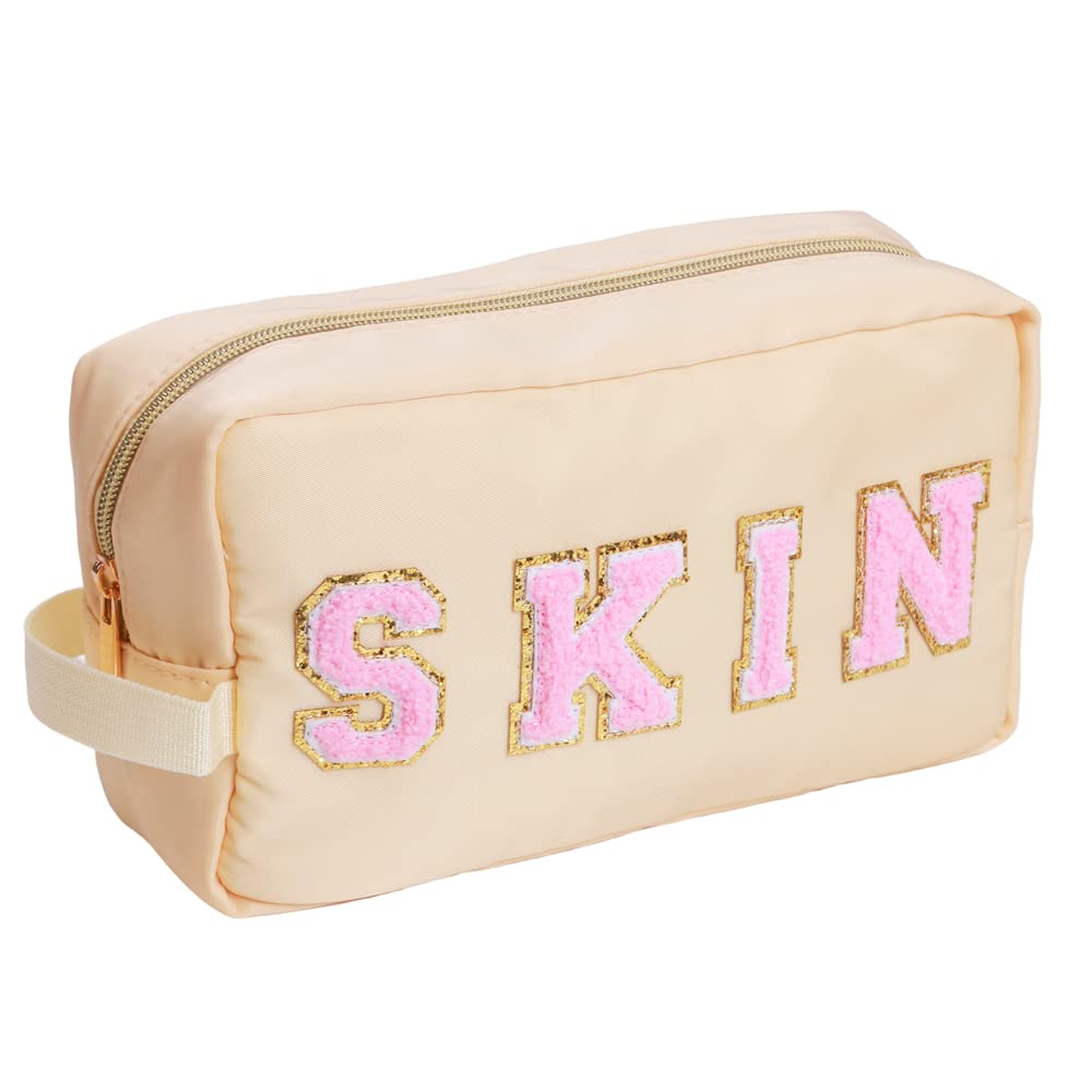 TBOLINE Large Preppy Patch Makeup Bag,Nylon SKIN Makeup Bag With Handle, Portable Chenille Letter Cosmetic Pouch Bag,Varsity Letter Toiletry Bag With Zipper for Women