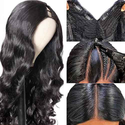 U Part Human Hair Wig Body Wave for Women Brazilian Remy Upart Human Hair Wig Beginner Friendly No Sew in NO Glue 250% Density Natural Color 22Inch