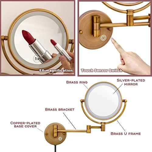 8" Brass Wall Mount Makeup Mirror with Lights, 1X/5X Double Sided Personal Mirrors for Bathroom with 360 Swivel Extendable, Antique Brass Indoor Arts Ware, Plug Powered