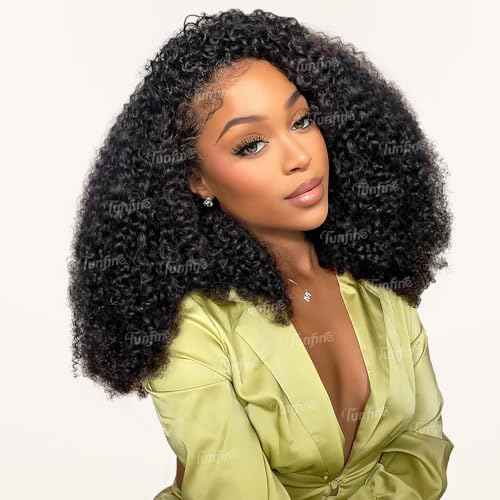 Kinky Curly Half Wig Human Hair 210 Density 3 In 1 Seamless Flip Over Half Wigs Glueless Kinky Curly Wigs Human Hair Beginner Friendly 360 Degree Flexi-fit Drawstring Headband Wig for Women 18 Inch
