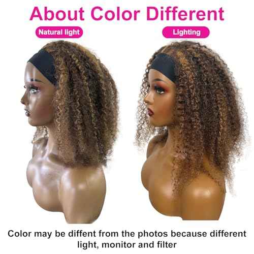 Ombre Highlight Headband Wig Human Hair #4/27 Colored Kinky Curly Headband Wig for Black Women Glueless None Lace Front Human Hair Wigs Brazilian Virgin Hair Wear and Go Wigs 150% Density 24 Inch