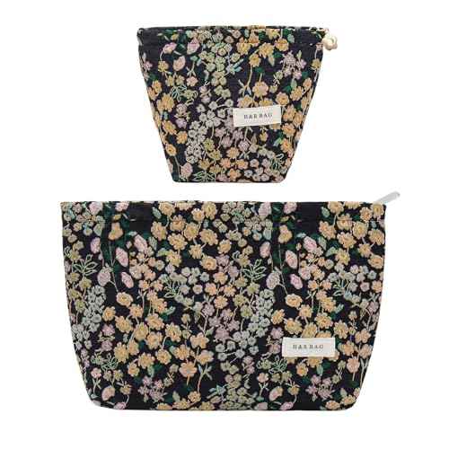 2 Pcs Makeup Bags, Large Cosmetic Bag Travel Toiletry Bag Organizer for Women, Embroidery Craft, Floral Makeup Bag Small Cosmetic Pouch Purse with Zipper Gifts for Girls Teen