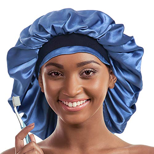 Double Layer Bonnet Long Satin Cap Head Wrap for Sleeping Blue