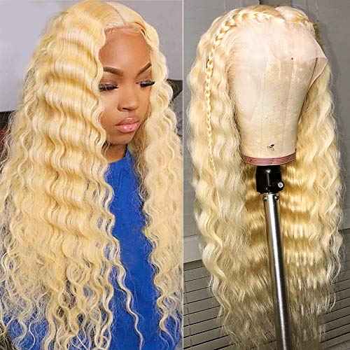 613 Lace Front Wig Human Hair Pre Plucked with Baby Hair Deep Wave Blonde Virgin Hair Pre Plucked 13x6 HD Transparent Frontal Wigs with Baby Hair 24 Inch 150% Density Glueless Curly Wigs for Women