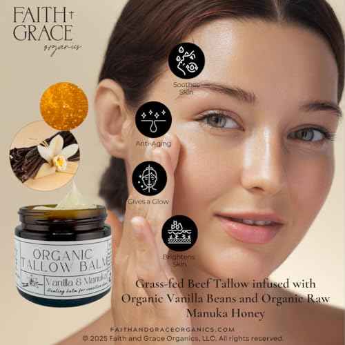 Faith and Grace Organics, Organic Tallow Balm, Vanilla and Manuka Honey, All-purpose Moisturizer, Safe for sensitive skin, Healing balm, 2 oz glass jar