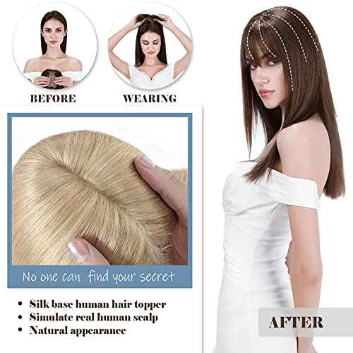 Hairro Human Hair Toppers With Bangs Silk Base Clip In Top Hairpieces Air Bangs Toupee Replacement Clip On Topper On Closure Hair Extensions For Women 16 Inch 48g #24 Natural Blonde