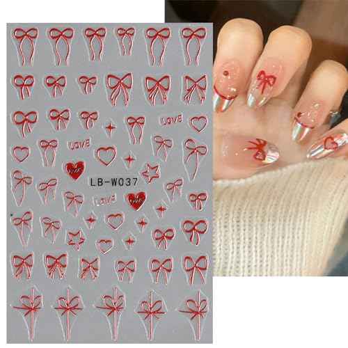 JMEOWIO 8 Sheets Heart Bow Tie Nail Art Stickers Decals Self-Adhesive Pegatinas U?as Pink Nail Supplies Nail Art Design Decoration Accessories