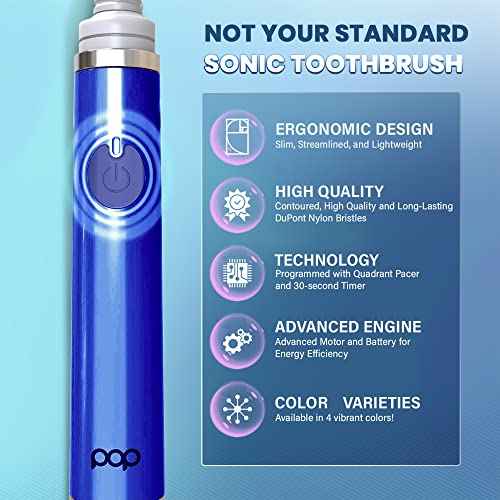 Pop Sonic Ultimate Pro Rechargeable Toothbrush (Navy) - 40,000 Strokes/Min, Dupont Nylon Bristles, Quadrant Pacer & Timer for Teens & Adults
