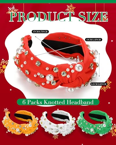 Riceshoot 4 Pcs Knotted Headbands with Pearl Rhinestone Crystal Jeweled Beaded Wide Top Headband Hairband for Women Ladies Girls Gift(Green, Red, Yellow, White)