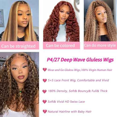 Wear and Go Glueless Highlight Ombre 4/27 Human Hair Wigs Deep Wave Curly Wet and Wavy Lace Front Pre Plucked Pre Cut 5x5 HD Lace Closure Wigs for Black Women £¨4/27 24 Inch£©