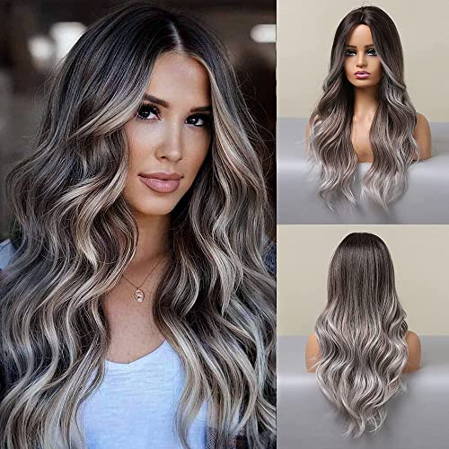 Haoland 26 Inch Long Gray Wig For Women Ombre Gray With Dark Roots Wavy Wig Middle Part Synthetic Wig For Cosplay Daily Party Use