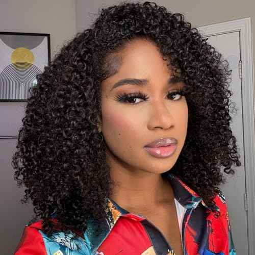 Kinky Curly 3 In 1 Half Wig Human Hair 200% Density Wear Go Glueless Wigs Human Hair for Women 16 Inch Afro Curly Seamless Flip Wig Invisible Hairline Beginner Friendly