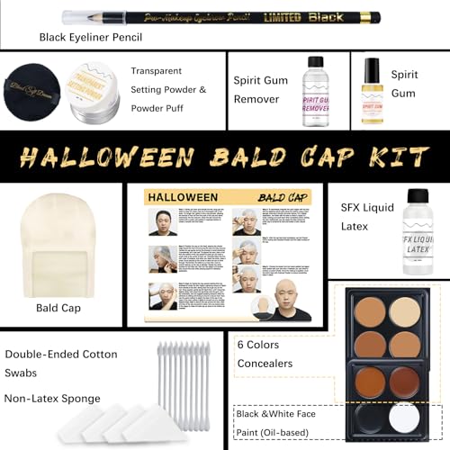 Halloween Bald Caps Costume Kit for Woman & Men - Realistic Latex Bald Cap with Adhesive Glue & Remover - Complete Makeup Set for Halloween, Zombie, Cosplay, Costume, SFX, Dress-Up Party