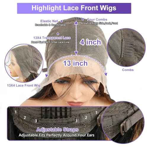 Blonde Highlight 13x4 Glueless Lace Front Wigs Human Hair 200% Density Pre Plucked with Baby Hair 13x4 Full Lace Front Wigs HD Transparent Lace Wig Balayage Wigs for Women 26 Inch